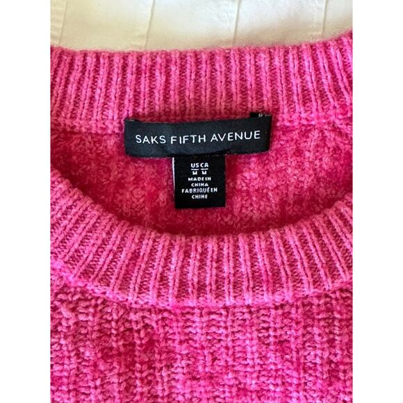 SAKS FIFTH AVENUE Cotton Wool Blend Hot Pink Sweater Puff Sleeve Cropped Size M - Picture 5 of 11